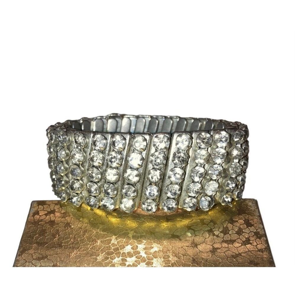 Vintage Accordian Rhinestone Stretch Cuff Bracelet Gemstones Silver Tone Bling E
